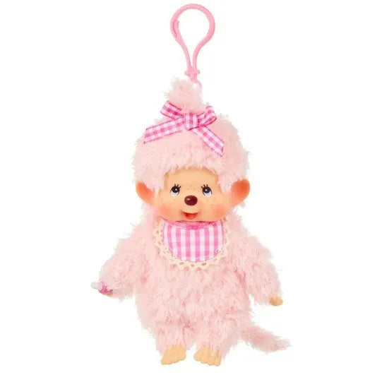 Monchhichi 4 Inch Fluffy Pink Beige Girl Plush Doll Keychain