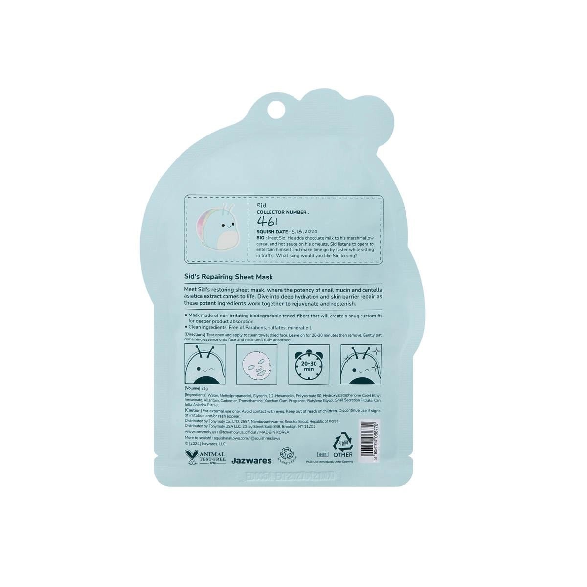 Squishmallow X TONYMOLY Sid's Repairing Snail Mucin + CICA Sheet Mask - Owl & Goose Gifts