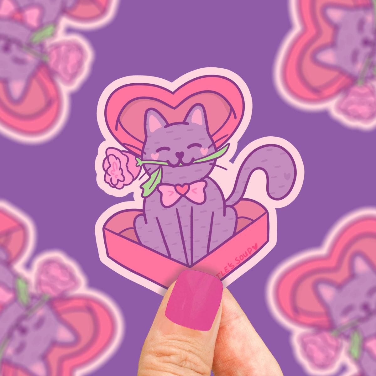 Turtle's Soup Chocolate Rose Kitty Valentine Vinyl Sticker - Owl & Goose Gifts