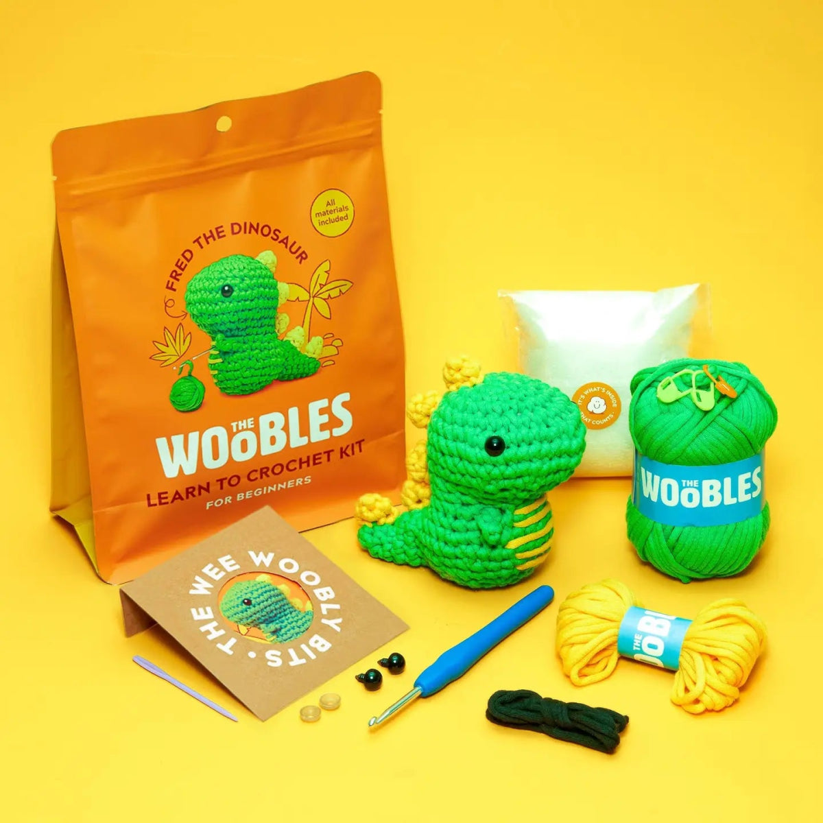 The Woobles Fred the Dinosaur Beginner Crochet Kit - Owl & Goose Gifts