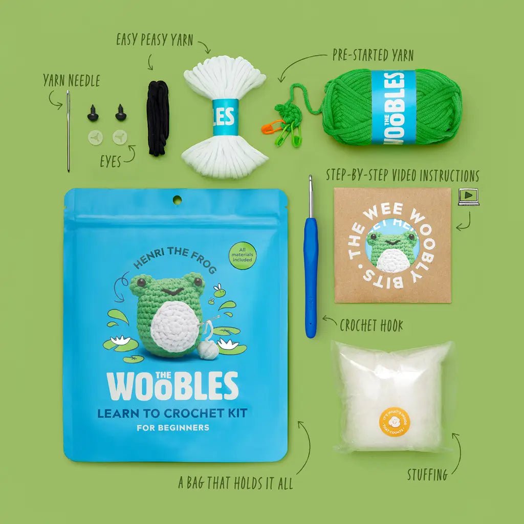 The Woobles Henri the Frog Beginner Crochet Kit - Owl & Goose Gifts
